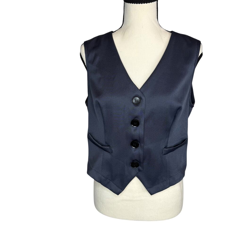 Shein Navy Blue Tailored Vest Top Sleeveless Button Front Minimalist L